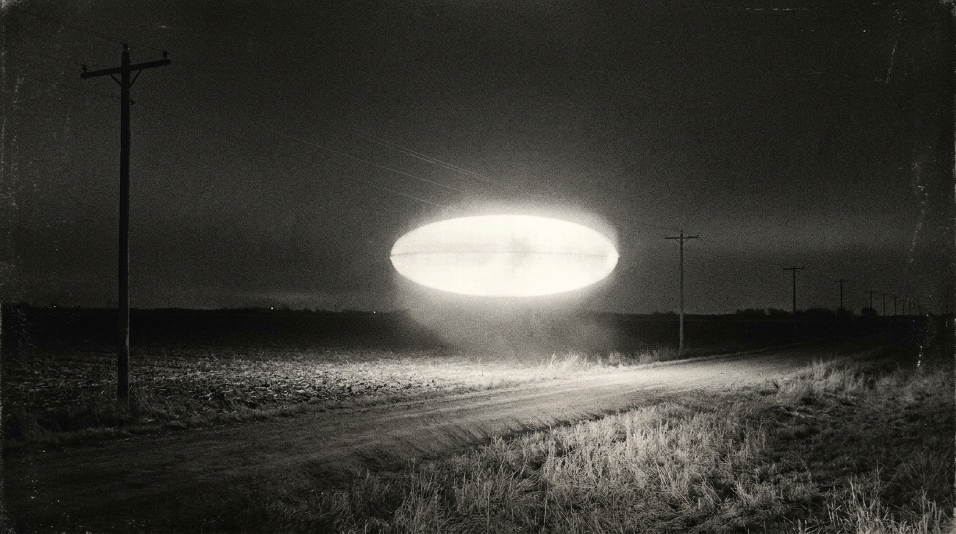 A brilliant glowing egg-shaped object low over flat Texas farmland and power lines at night