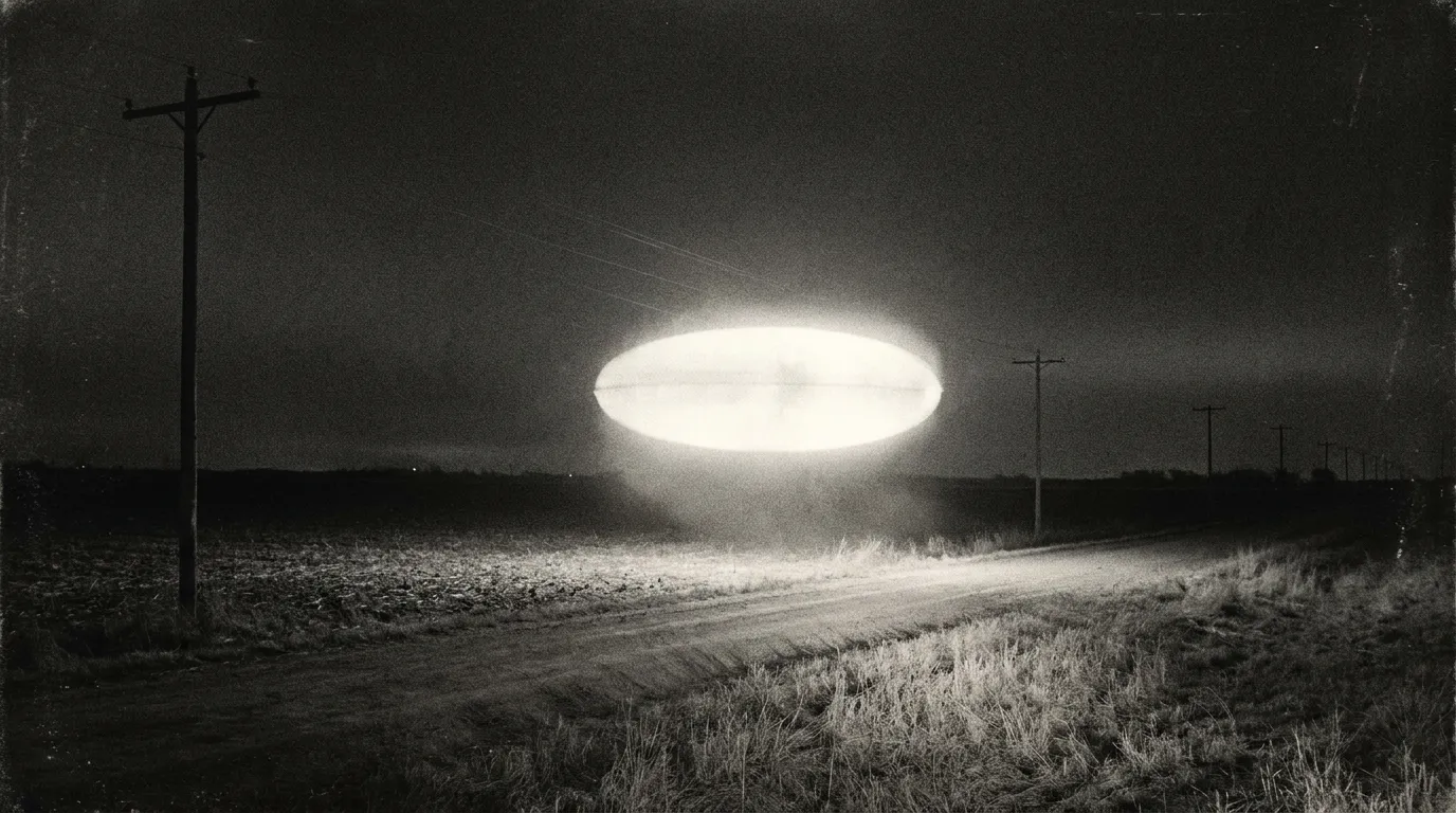 A brilliant glowing egg-shaped object low over flat Texas farmland and power lines at night