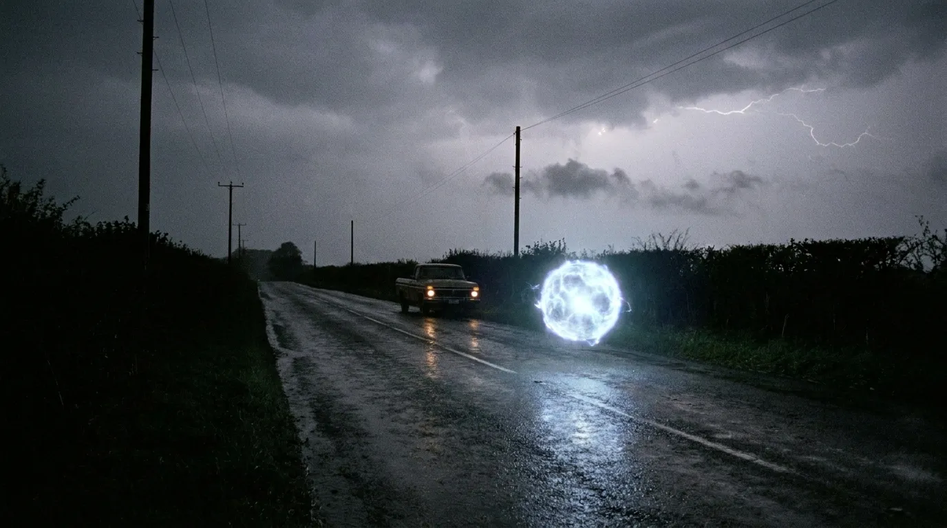 A glowing sphere of ball lightning near a rural road on a stormy night