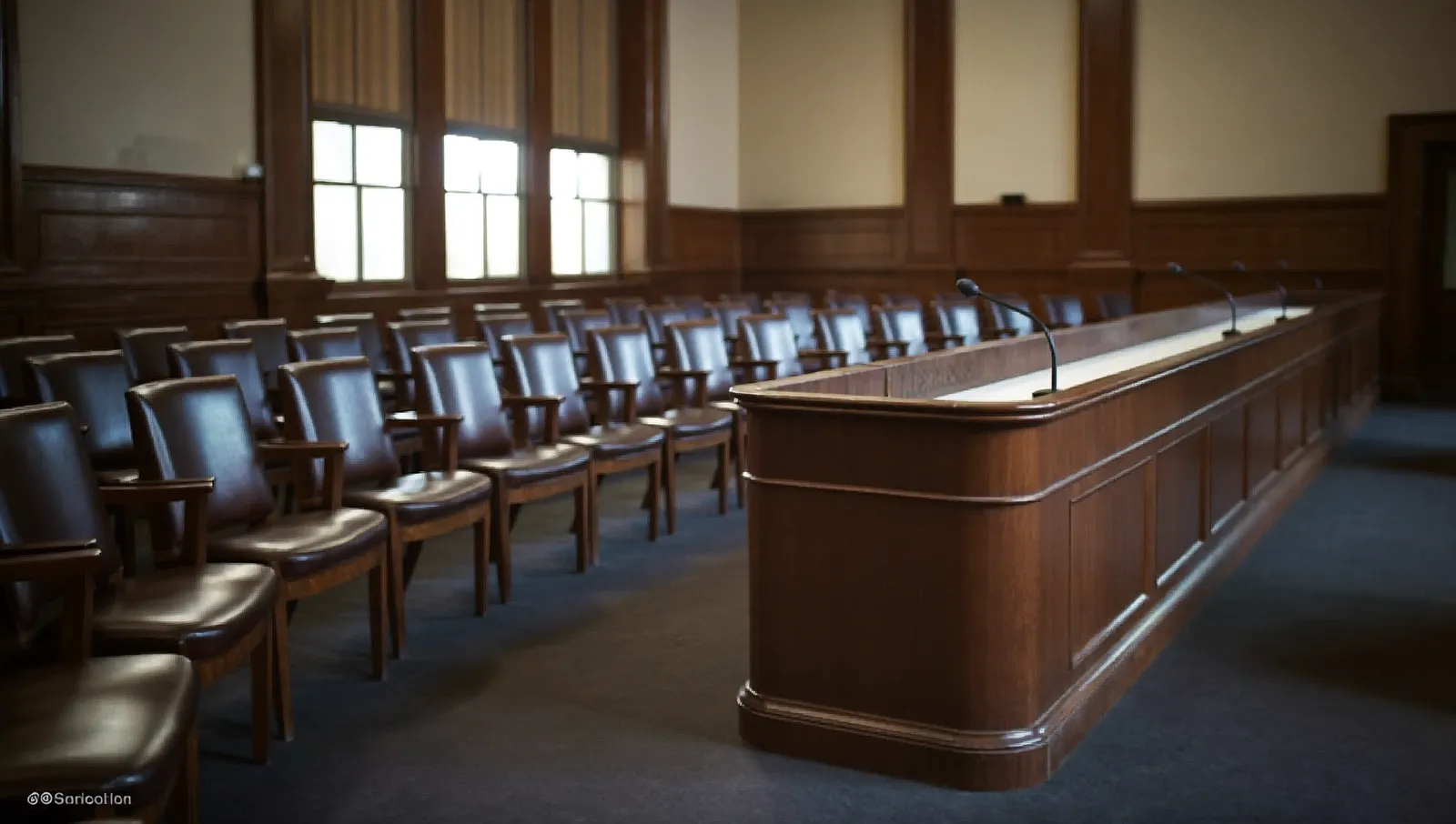 An empty 1960s congressional committee hearing room with a raised dais and a bare witness table with microphones