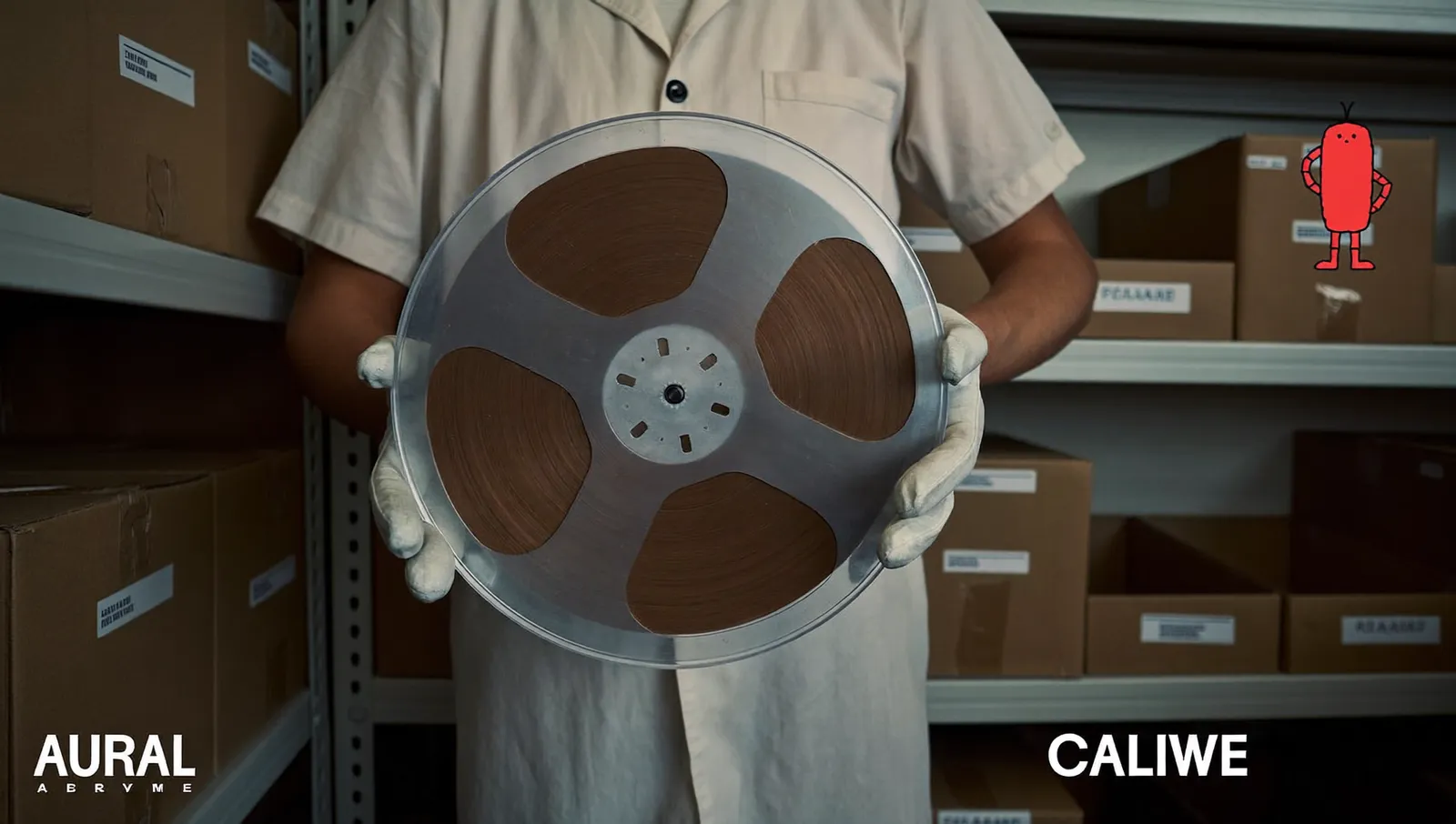 An archivist in white cotton gloves holding a large reel of vintage magnetic recording tape in a climate-controlled store