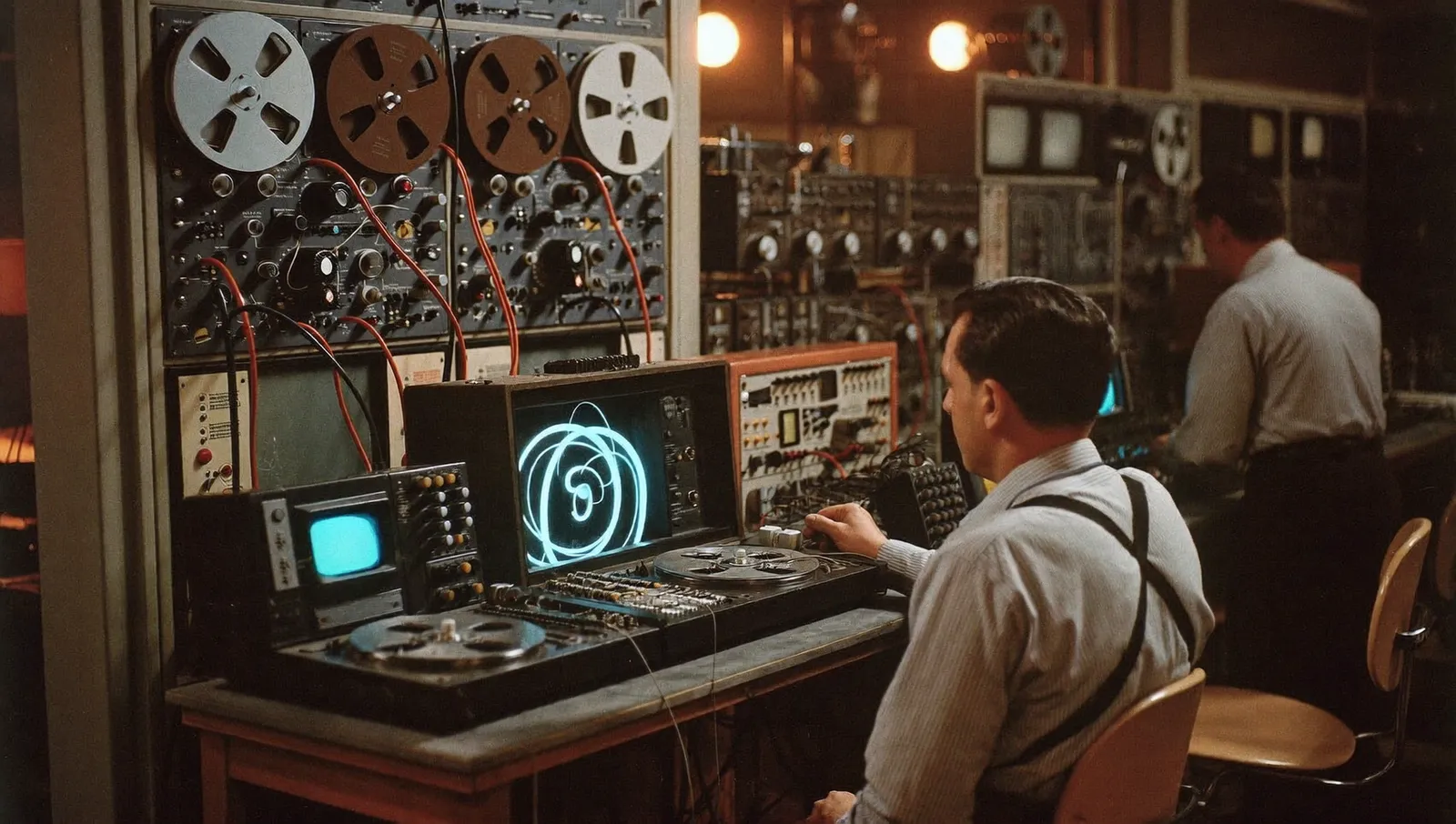 Interior of an early 1950s defence research laboratory with reel-to-reel tape recorders, oscilloscopes and valve electronics racks