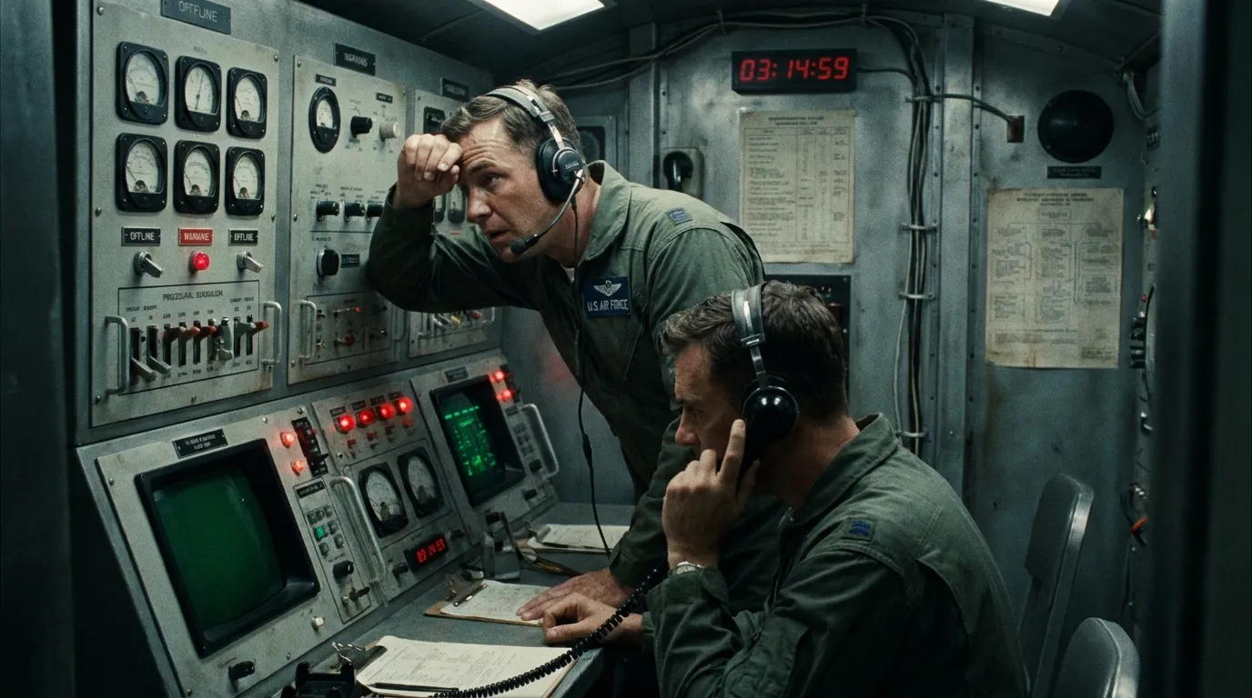 Two US Air Force officers in a cramped underground missile launch control capsule watching a wall of status panels as warning lights flash
