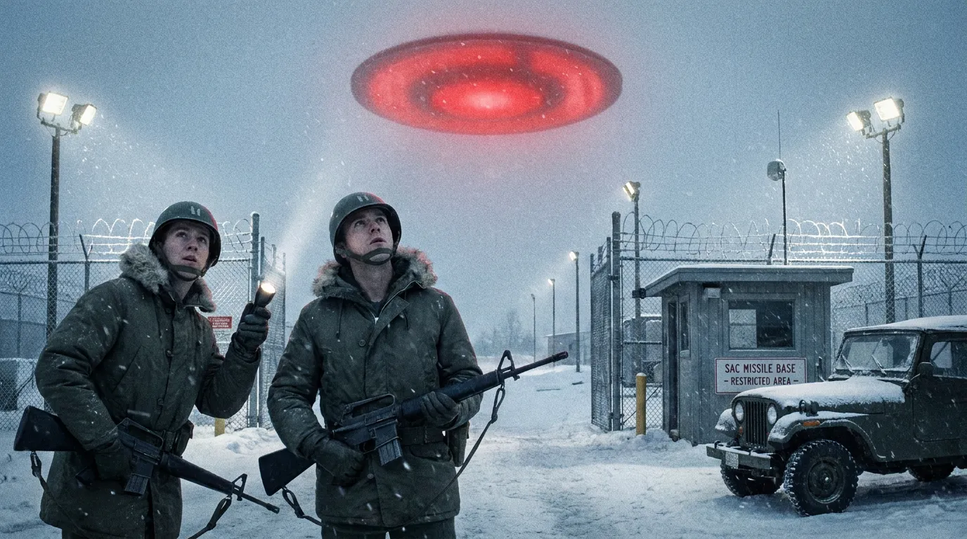 1960s US Air Force security police in winter gear at a floodlit missile-base gate at night looking up at a glowing red object hovering above the snowy base