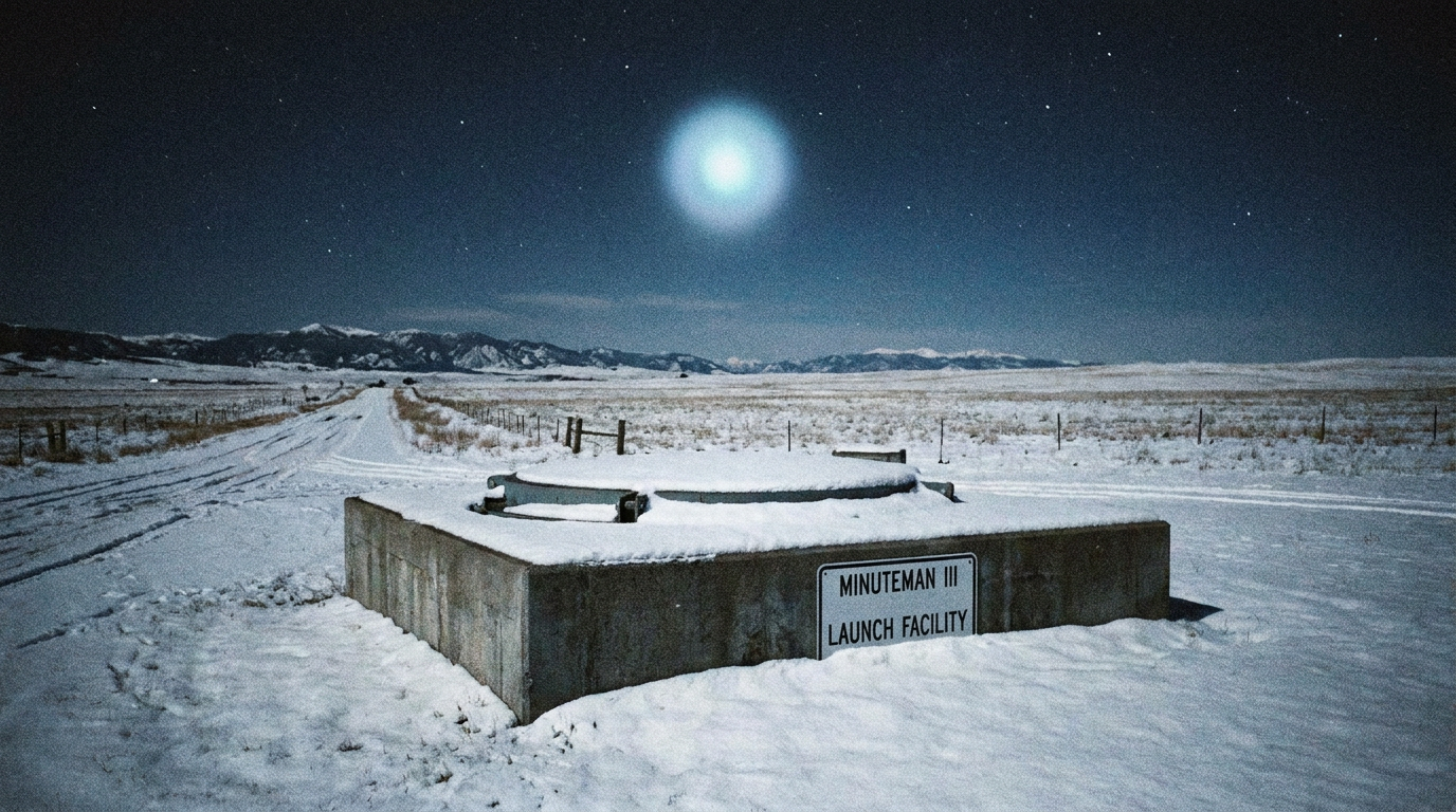 A Minuteman ICBM silo hatch in a flat snowy Montana field at night with a faint glowing light hovering in the sky above it