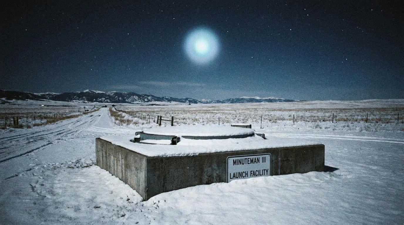 A Minuteman ICBM silo hatch in a flat snowy Montana field at night with a faint glowing light hovering in the sky above it