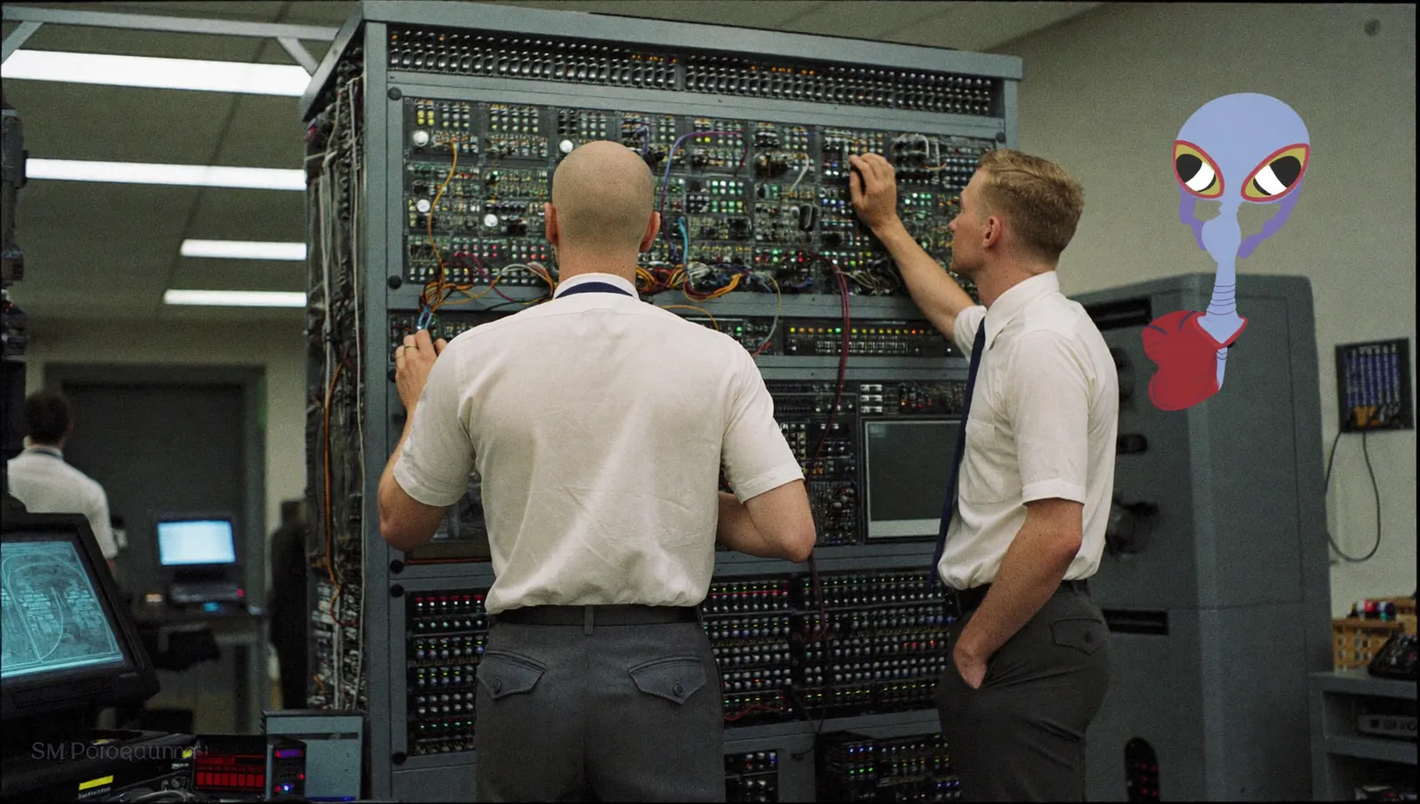 1960s aerospace engineers in white shirts and dark ties examining a tall rack of missile guidance and control electronics in a fluorescent-lit test laboratory