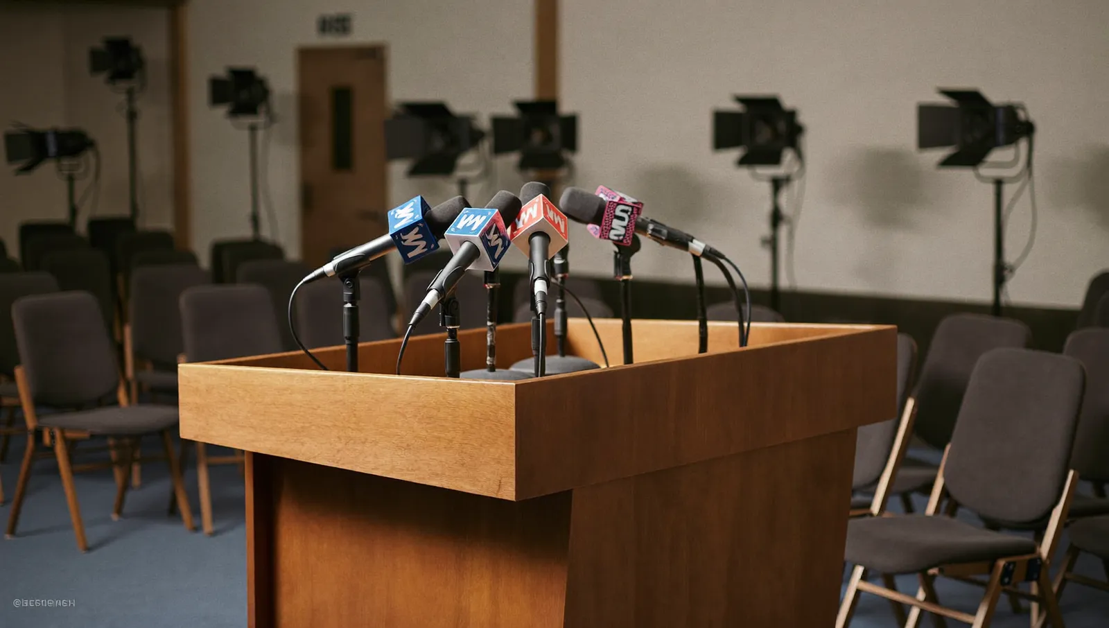 An empty Washington DC press conference room with a plain lectern bristling with unbranded microphones and rows of vacant chairs