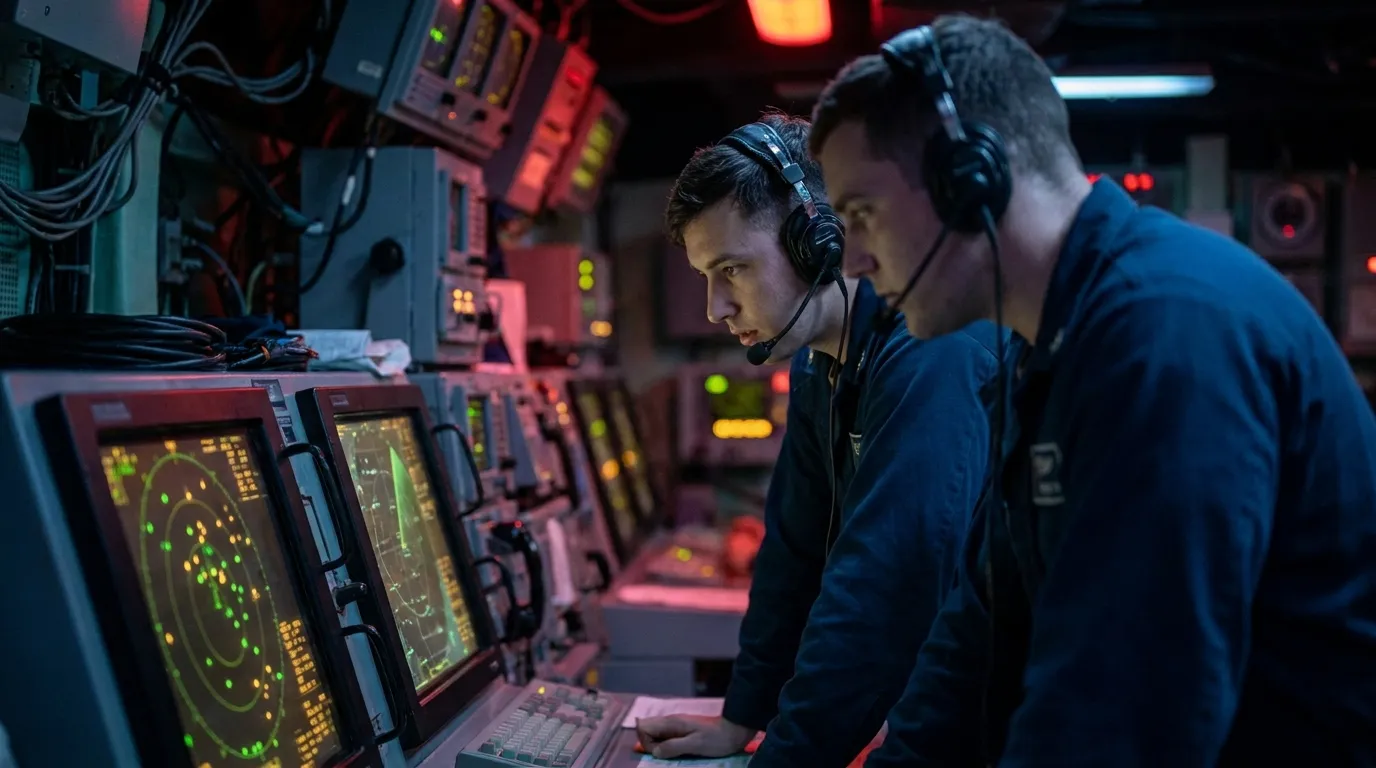 Two US Navy watchstanders seated at radar consoles in a darkened warship combat information centre at night, faces lit green by the scopes