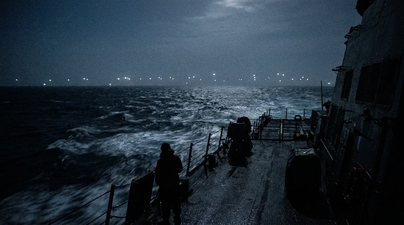 Night view from the darkened deck of a warship at sea, with dozens of small pale lights scattered in loose formation low above a black ocean horizon