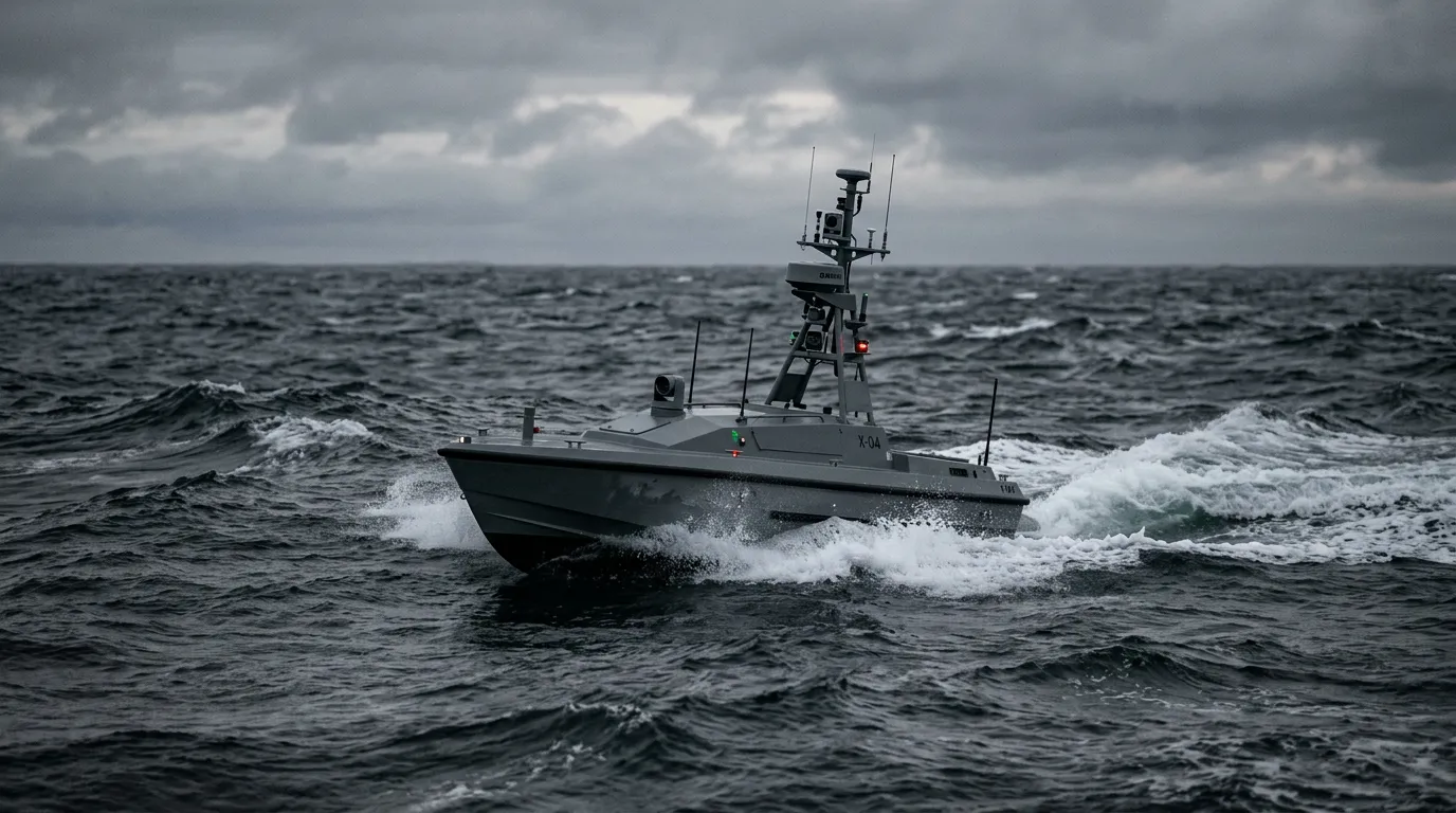 A small grey uncrewed autonomous surface vessel with a sensor mast and no crew aboard cutting a white wake across grey Atlantic swell at dawn