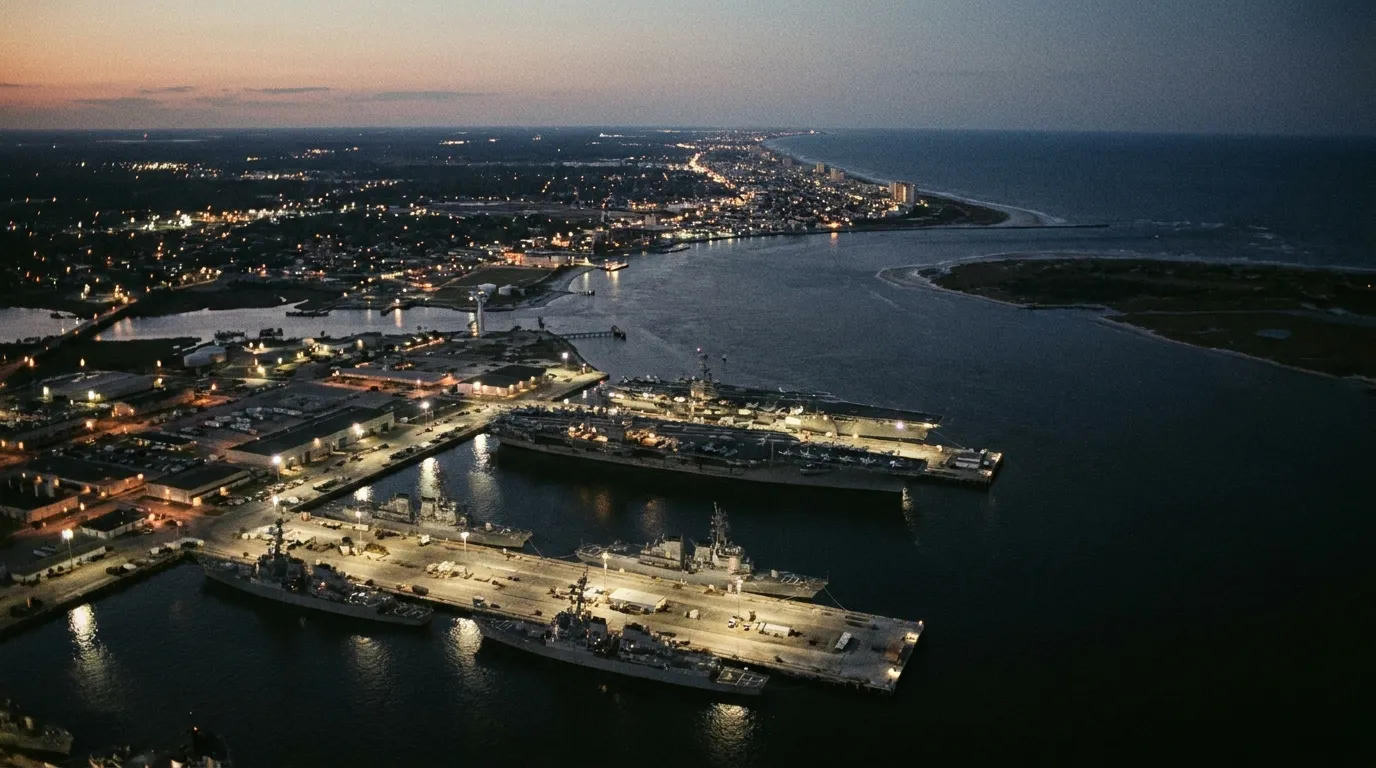 Aerial night view of a vast naval base with aircraft carriers and destroyers moored along floodlit piers at a wide river mouth