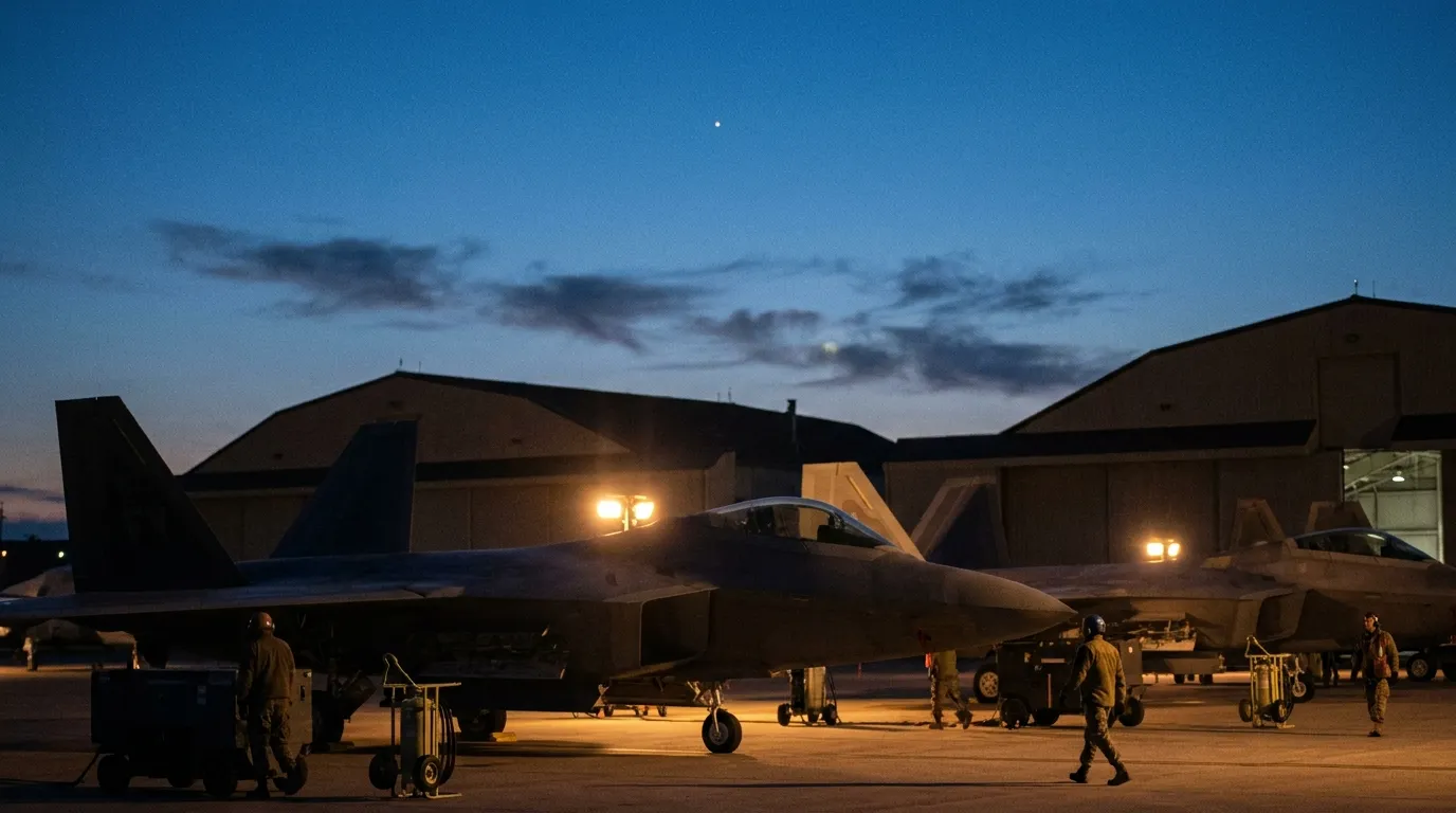 American F-22 stealth fighters parked on a floodlit airbase flight line at dusk with a single small point of light high above the hangars