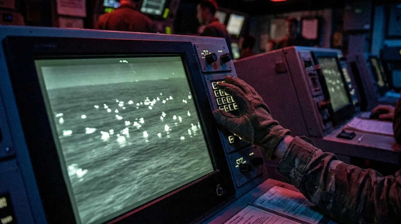 A thermal infrared display in a darkened military operations room showing many small bright heat signatures scattered across a dark grey sea