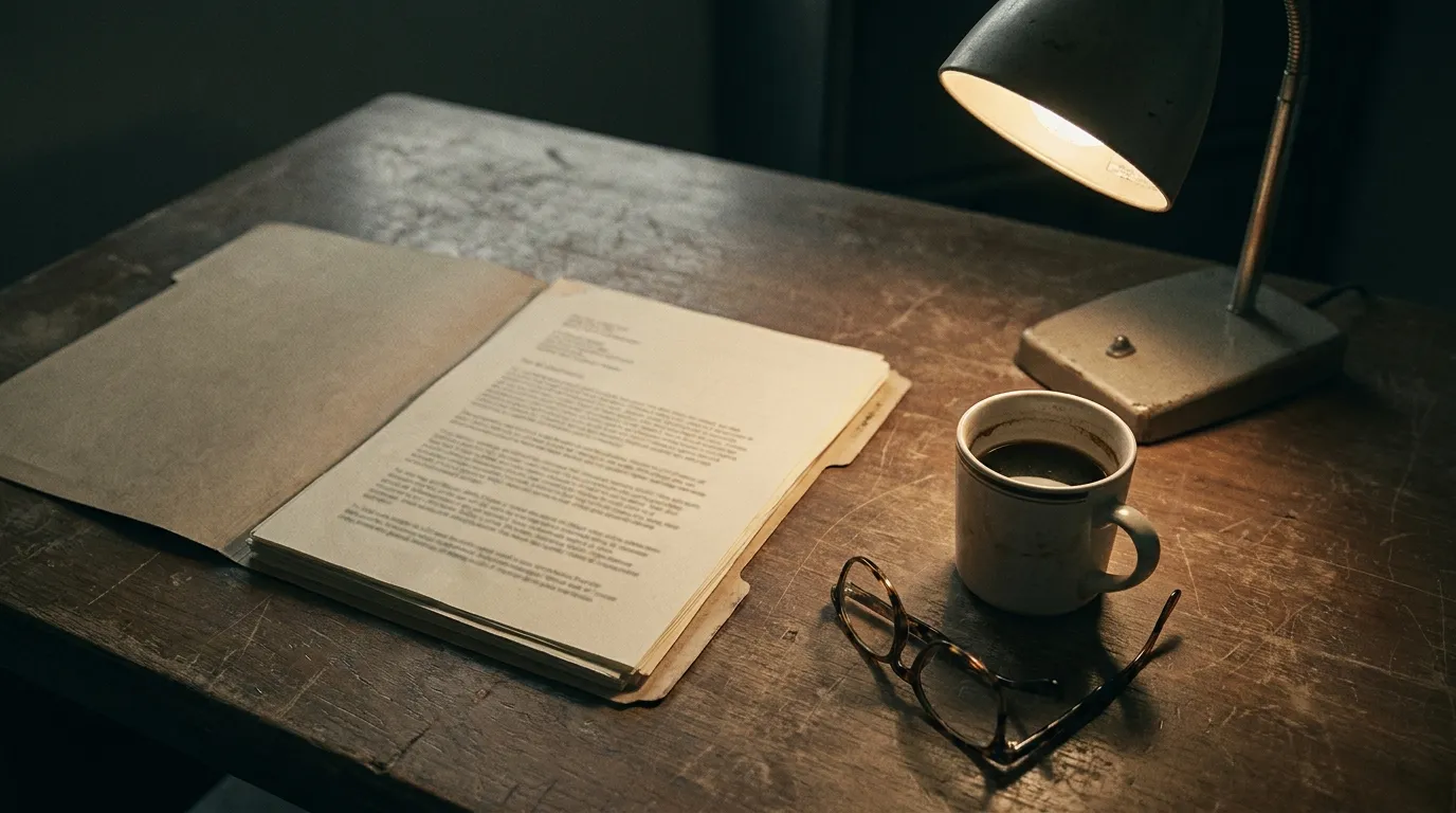 An unmarked government report lying open on a worn desk beside a cold cup of coffee and reading glasses under a single angled lamp