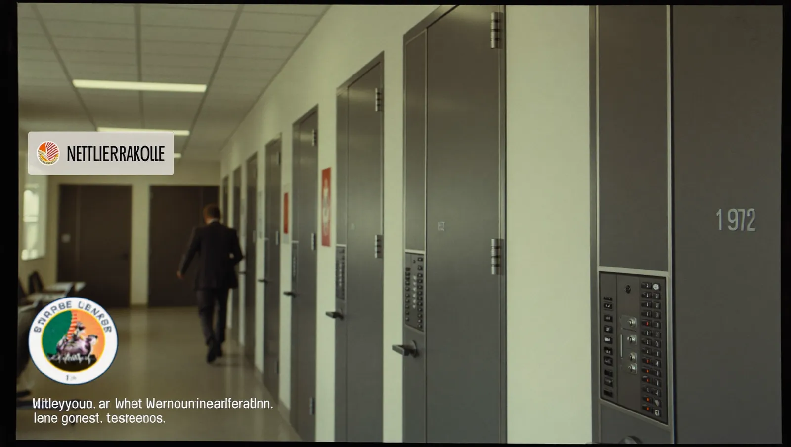 An empty corridor of secure doors with cipher locks inside a government intelligence office building