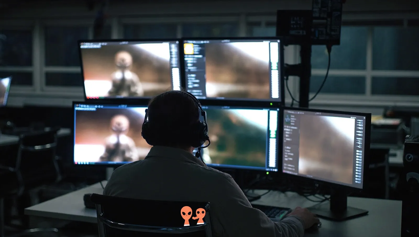 An analyst seen from behind at a secure workstation of glowing monitors in a dim windowless office