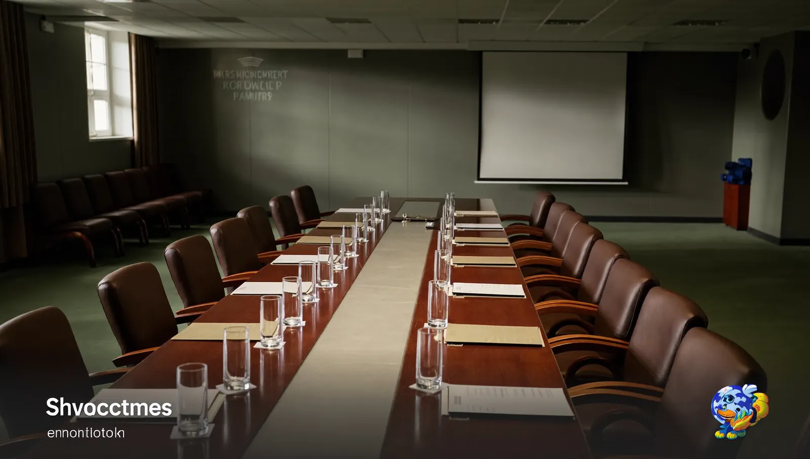 An empty government briefing room with a long polished conference table, closed folders and vacant chairs
