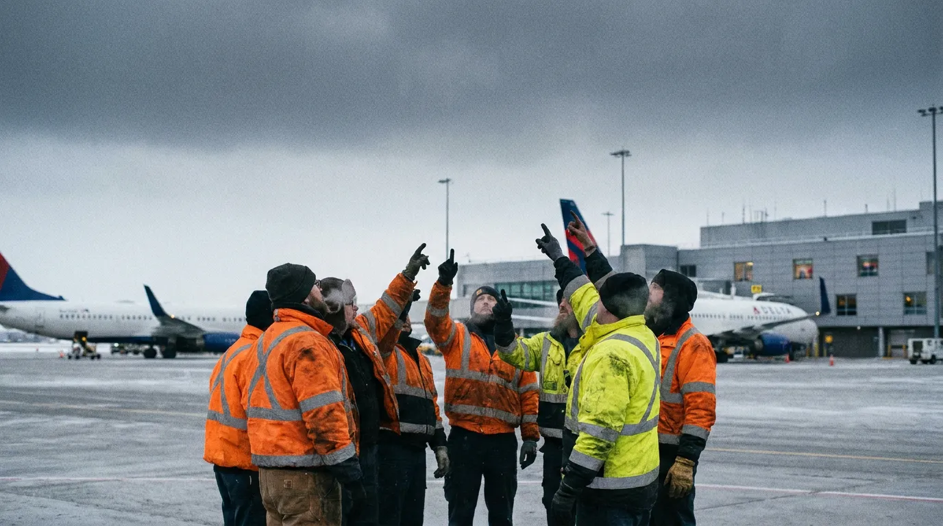 Airport ramp ground crew in high-visibility jackets on the tarmac looking up at the overcast sky