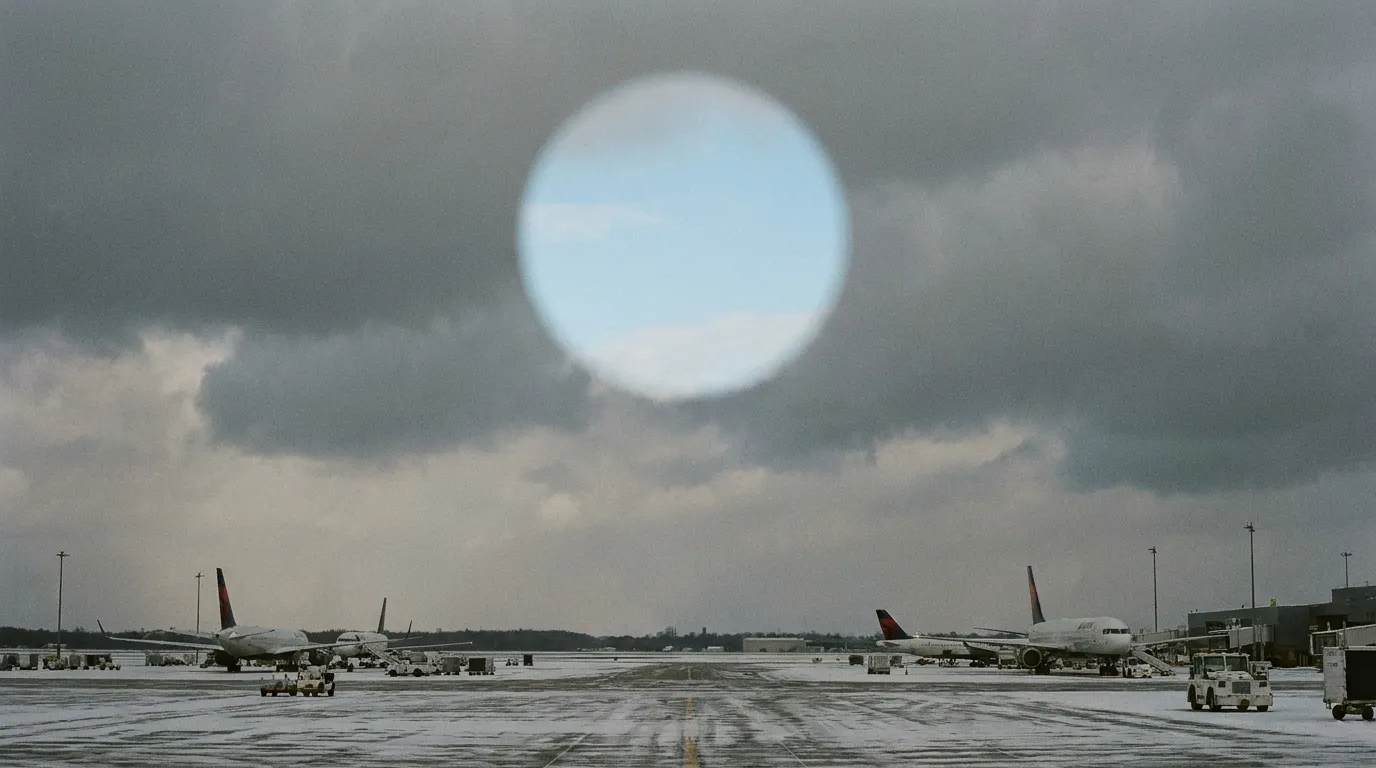 A grey overcast winter sky over an airport with a clean circular hole punched in the clouds