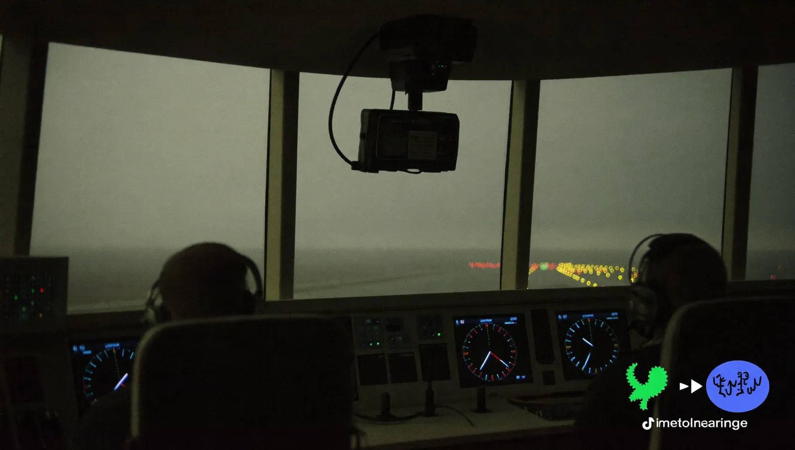 Two air traffic controllers seen from behind at radar scopes inside an airport control tower under a grey overcast sky