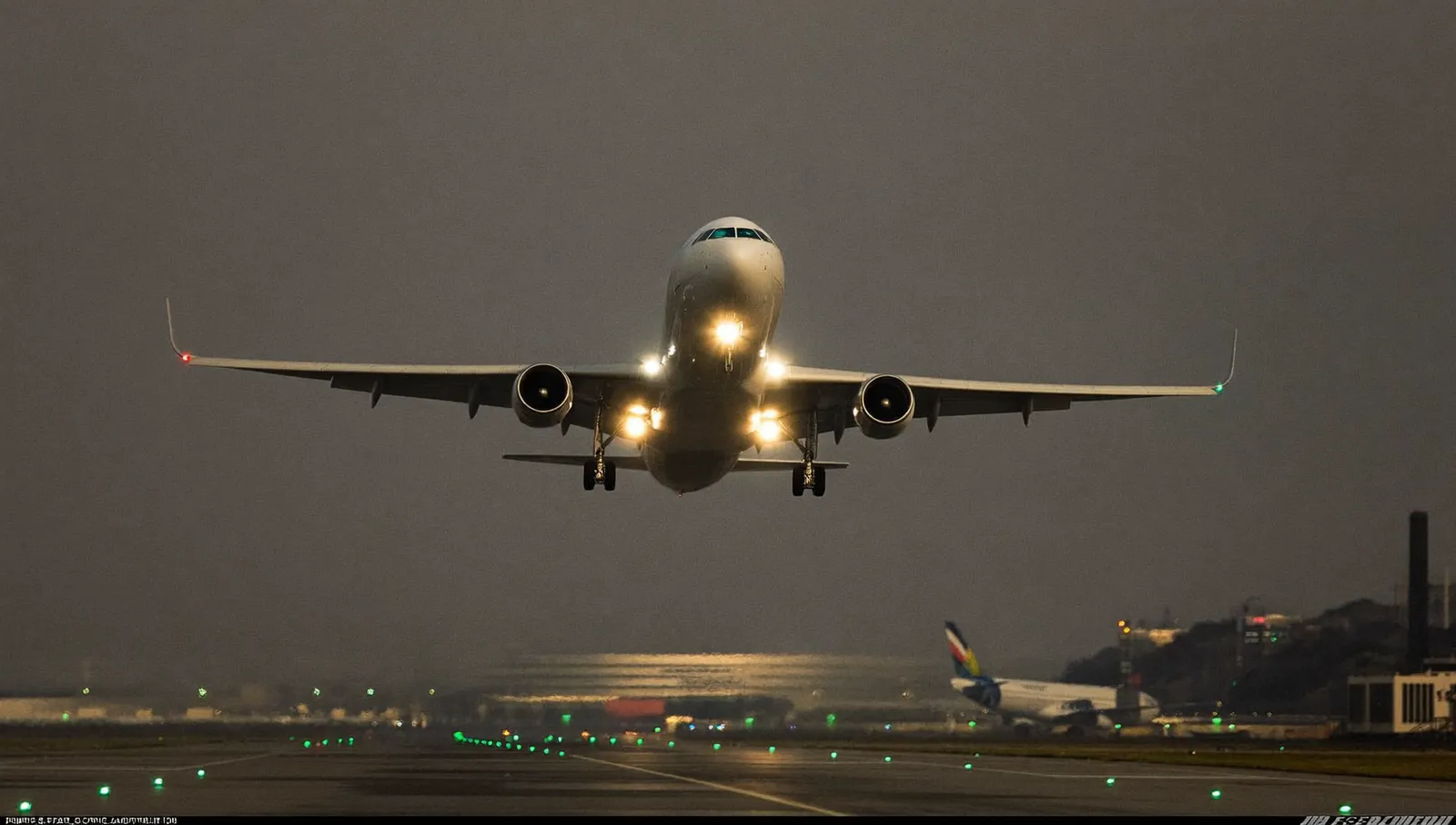 An airliner on short final approach descending out of a low grey cloud deck over a city airport at dusk