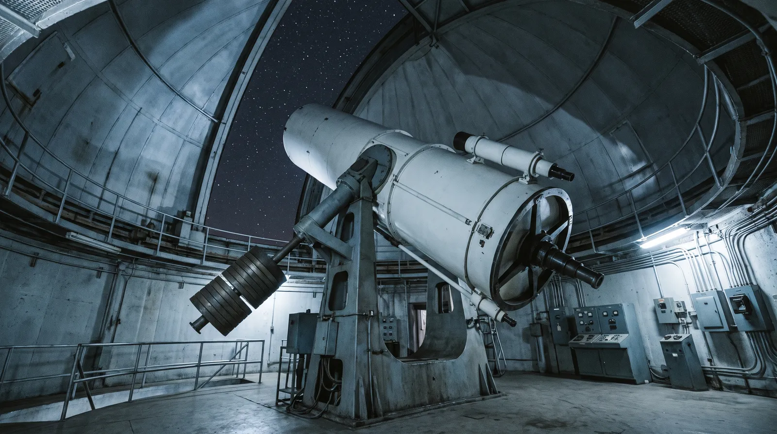 The interior of a large mid-century observatory dome at night, the white tube of a wide-field Schmidt survey telescope angled up towards an open slit