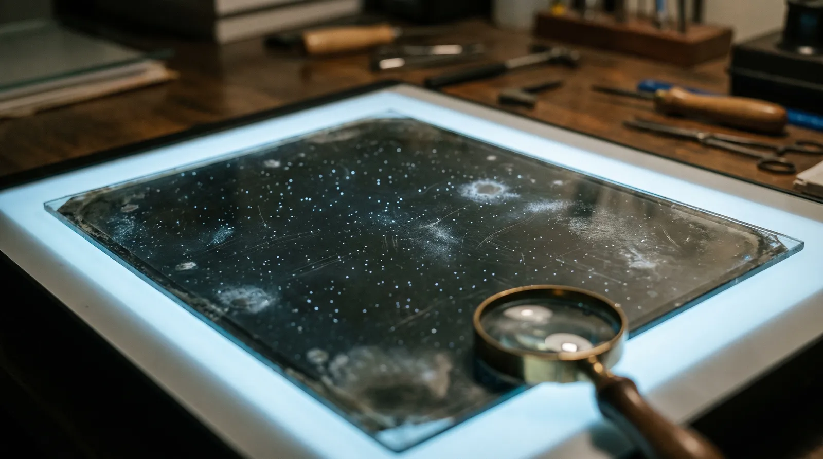 A large glass photographic plate on a light box, its emulsion scattered with tiny star points and marred by dust specks and hairline scratches, a loupe resting on one corner