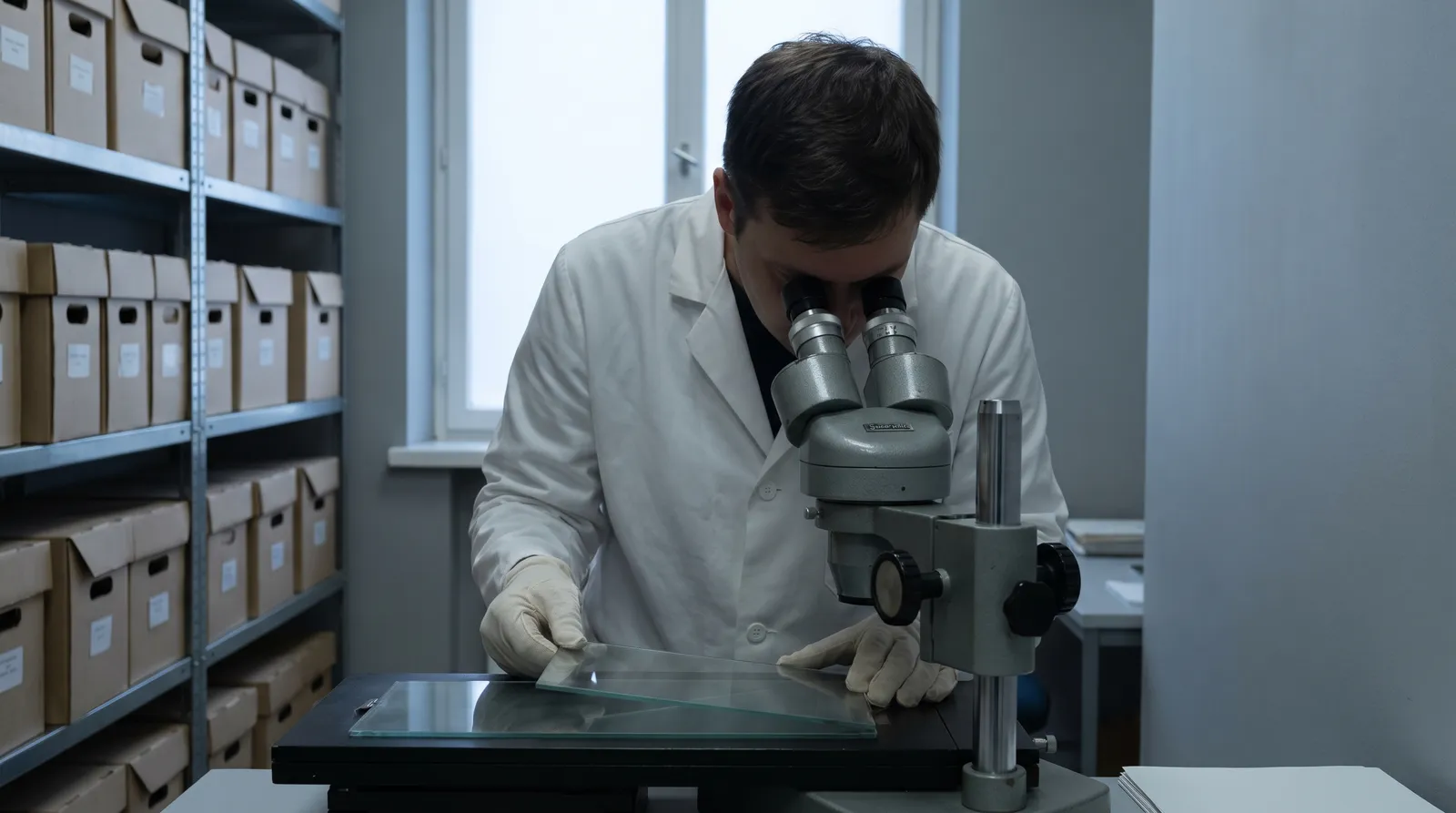 A researcher in a white coat positioning a large glass photographic plate under a stereo binocular microscope in an archive room lined with storage boxes