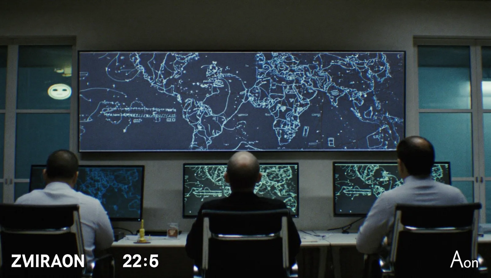 Analysts seen from behind in a darkened government operations room facing a wall of monitors showing map plots and sensor traces