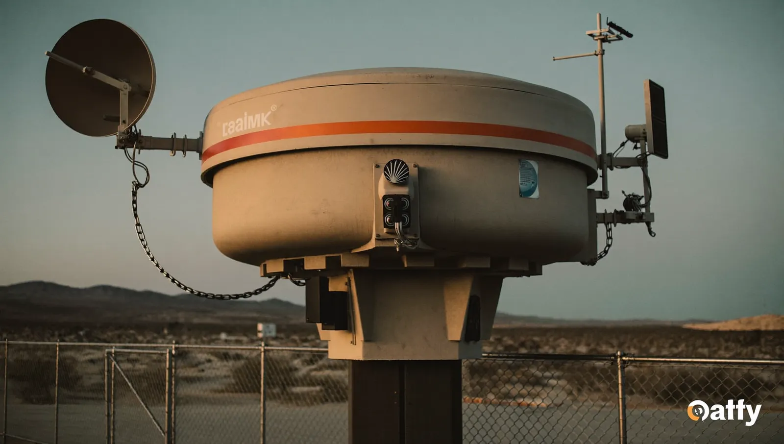 A ground-based sensor mast at dusk carrying an electro-optical and infrared turret, a small radar dish and radio antennas behind a perimeter fence