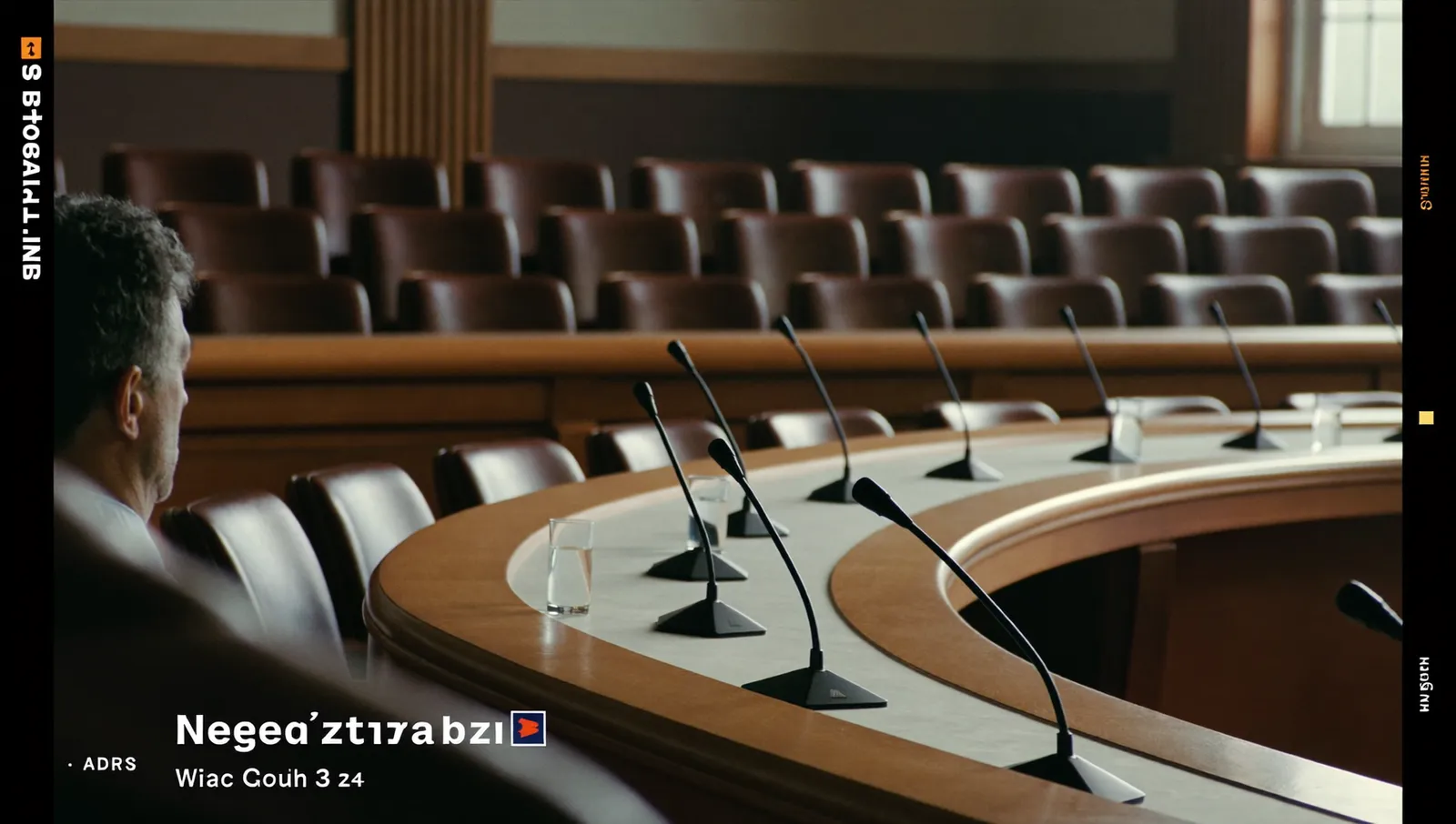 An empty congressional hearing room seen from the public gallery, with a witness table, microphones and a raised dais of empty chairs