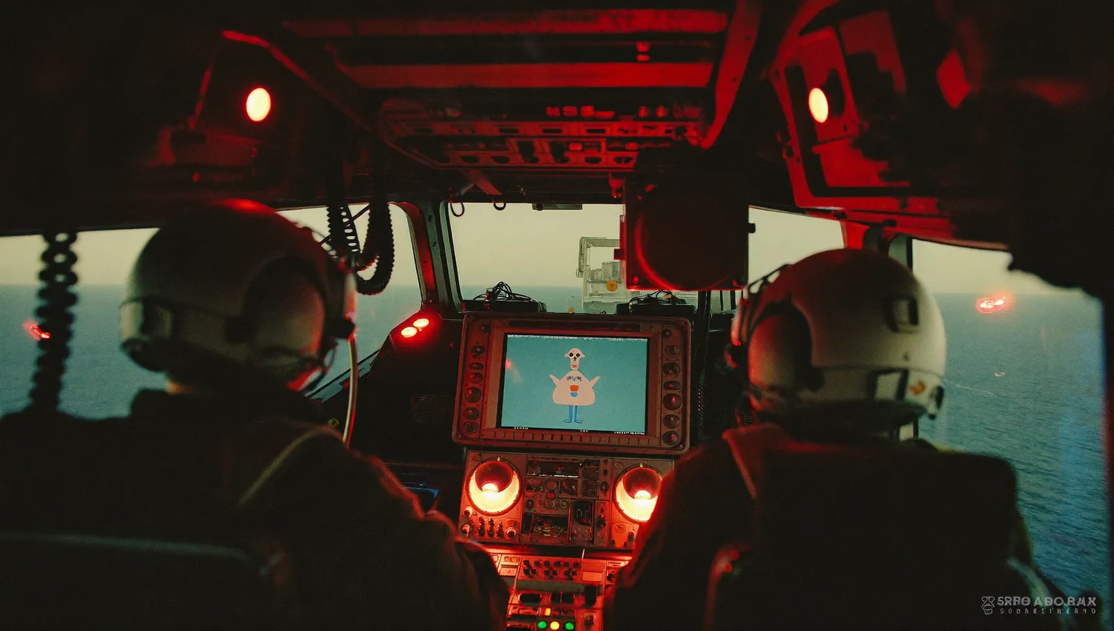 Aircrew at sensor consoles under dim red cabin lighting inside a military gunship flying at night over the sea, helmet visors down