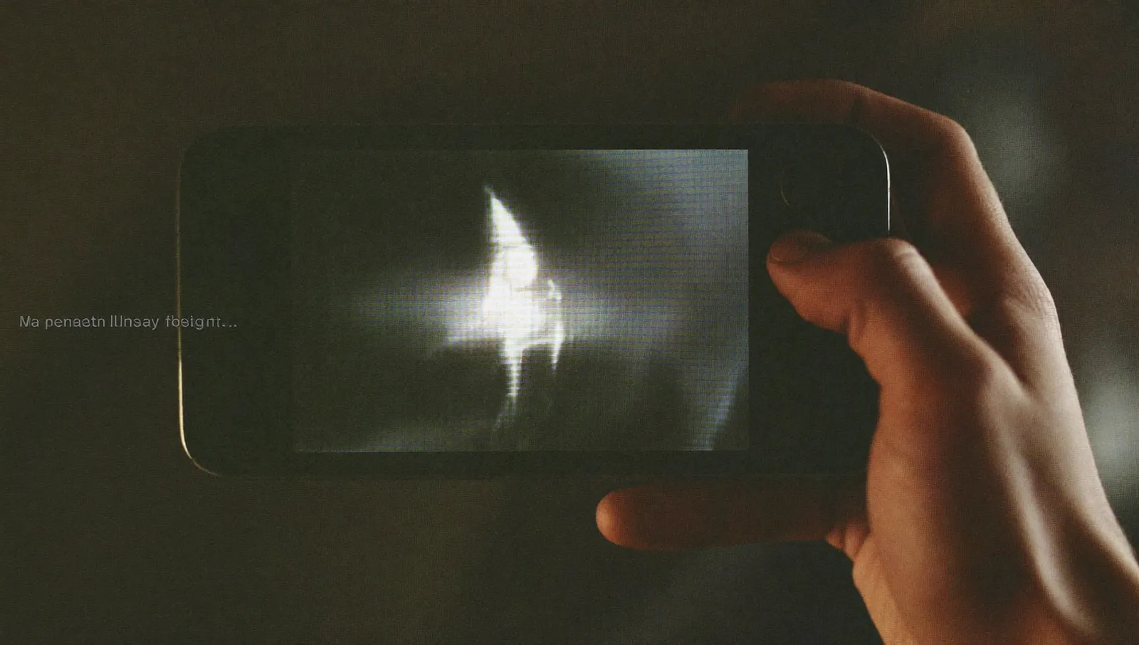 A hand holding a mobile phone filming a glowing monitor screen inside a dim aircraft cabin, the screen showing an indistinct grey infrared image