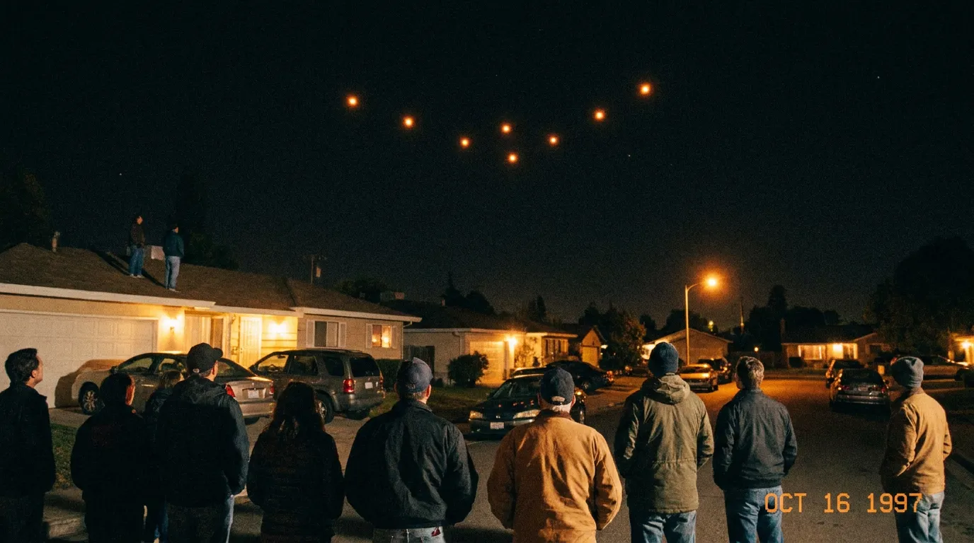 People on a suburban street and rooftop at night looking up at a huge V of lights
