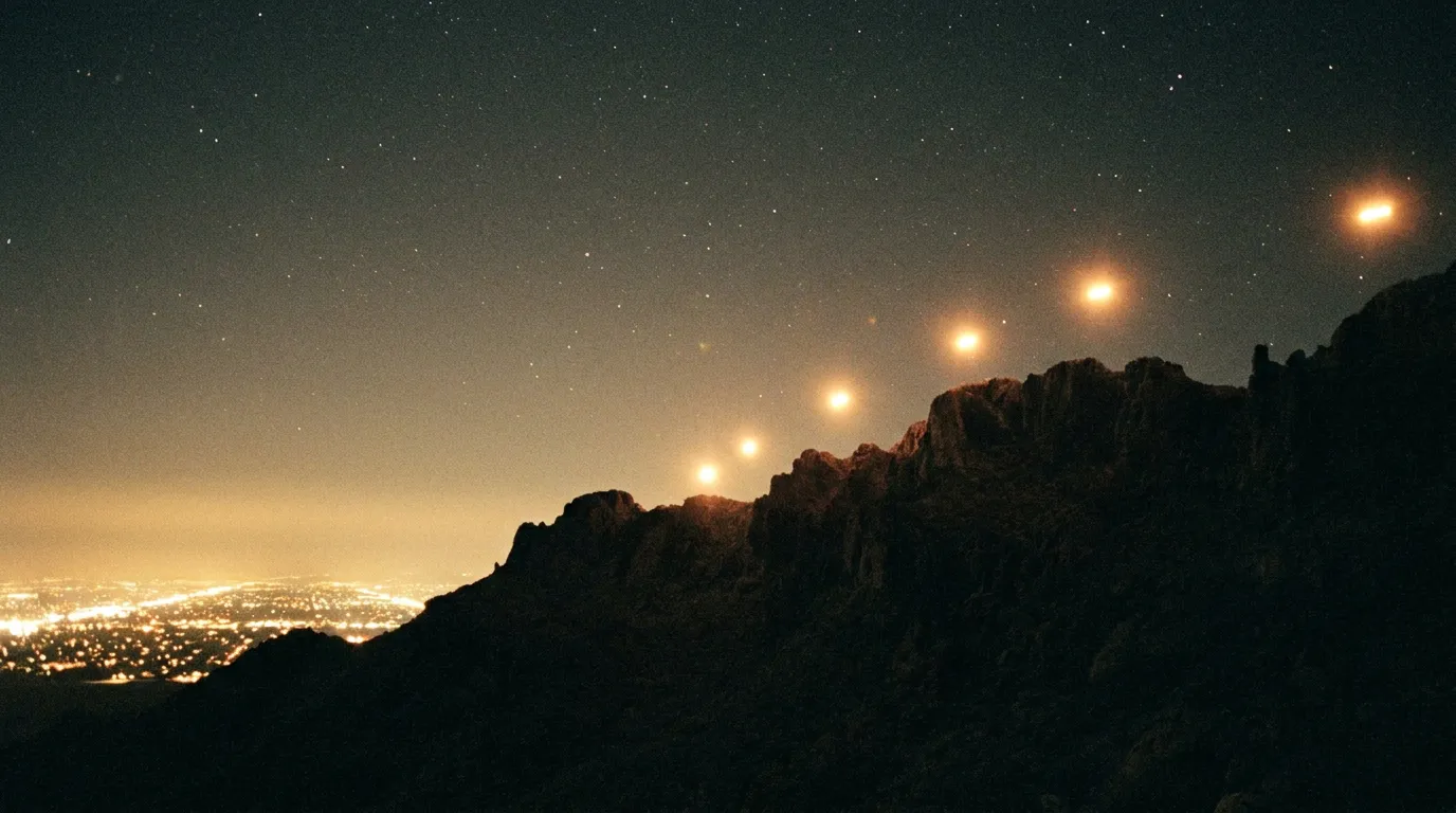 A row of bright amber lights descending behind a dark desert mountain ridge at night