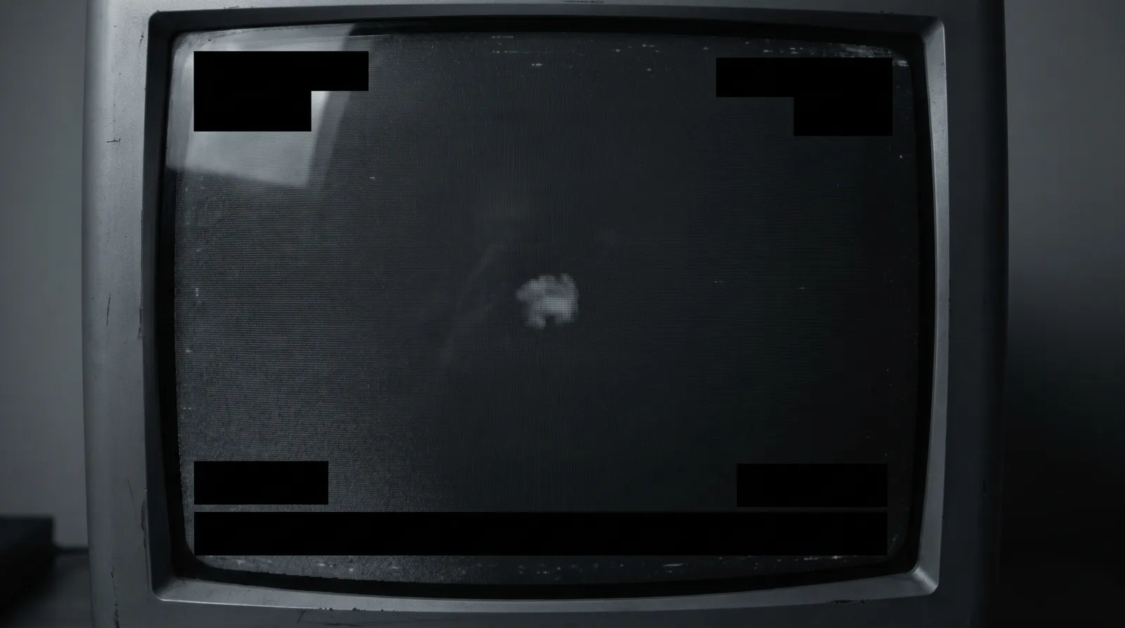 A grainy monochrome infrared video frame on a monitor showing a small indistinct blob, with thick black redaction bars covering the corners and lower edge