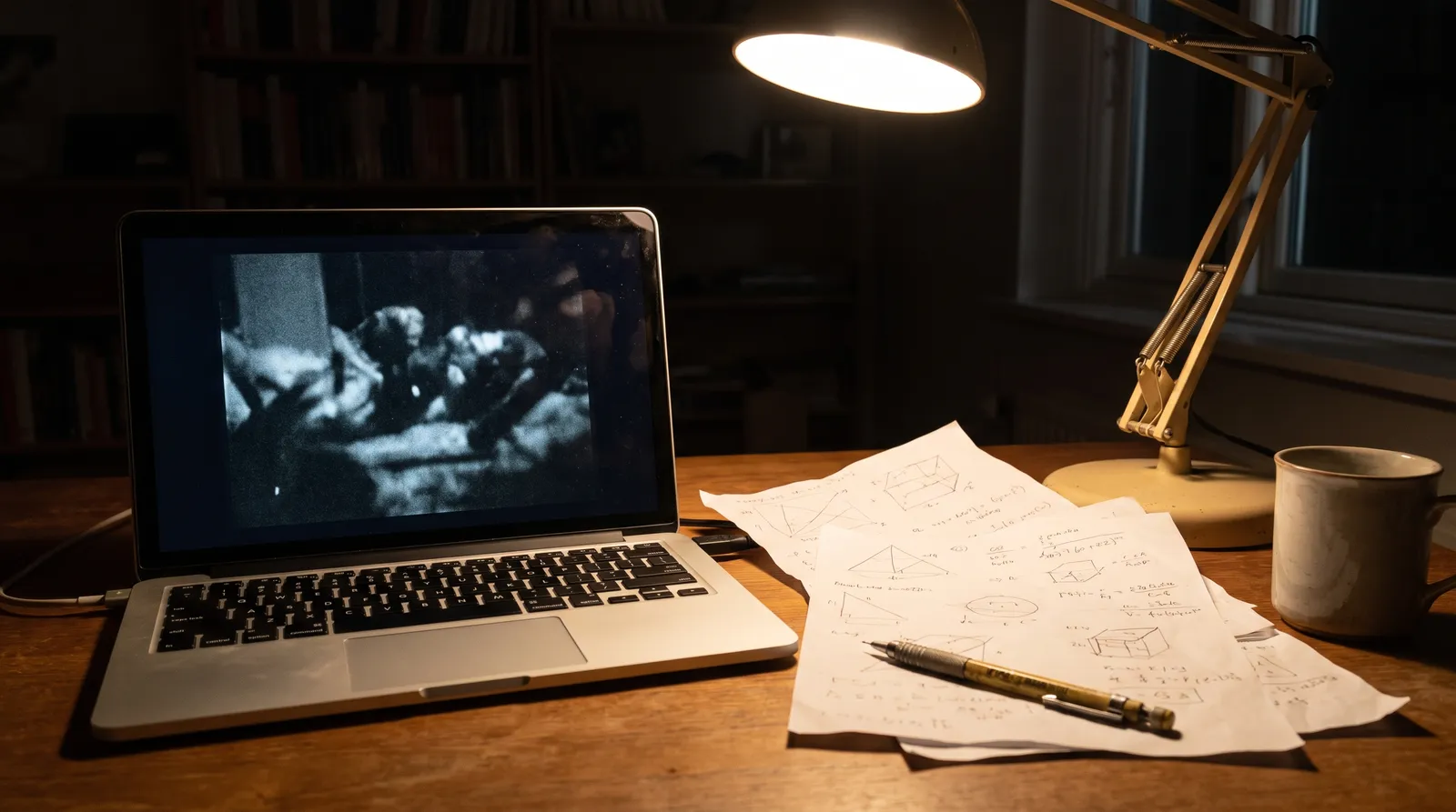 A researcher's desk at night with an open laptop showing a paused grainy video frame beside handwritten geometry sketches and columns of figures