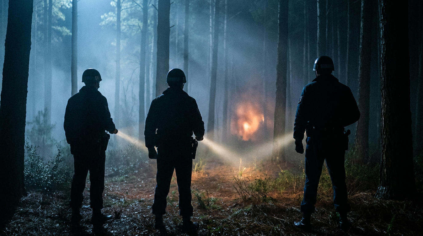 US Air Force security police walking with flashlights toward lights in a misty pine forest at night