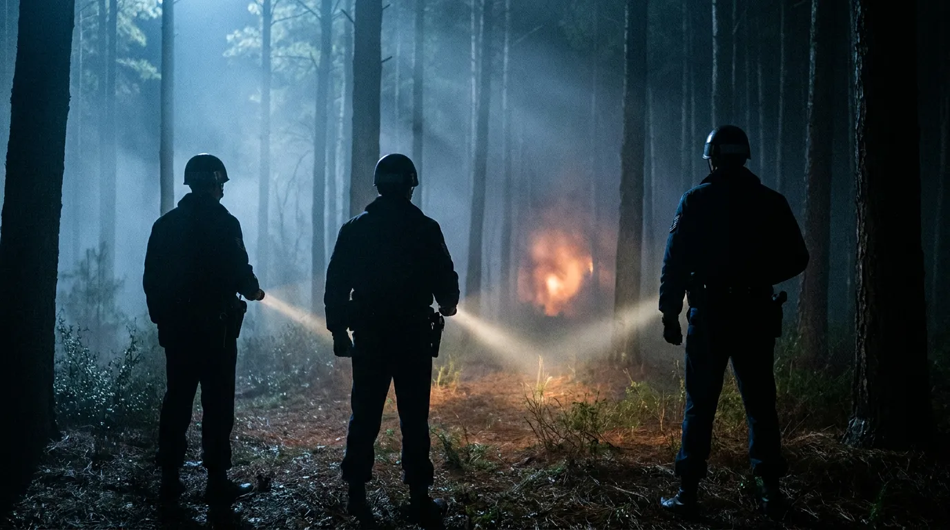 US Air Force security police walking with flashlights toward lights in a misty pine forest at night