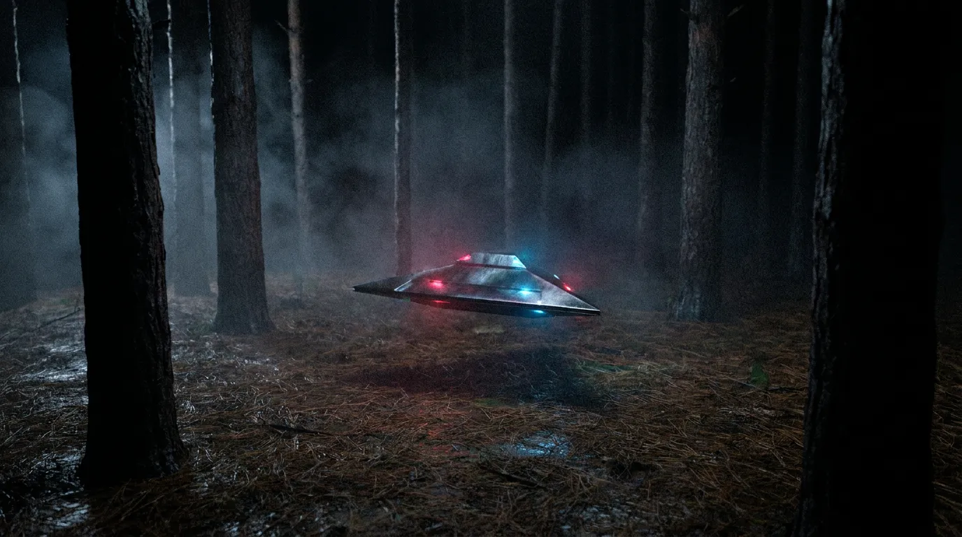 A small dark metallic craft with soft red and blue lights among pine trees at night