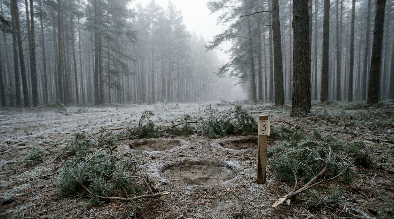 Three shallow circular indentations in the frosty floor of a misty pine forest clearing