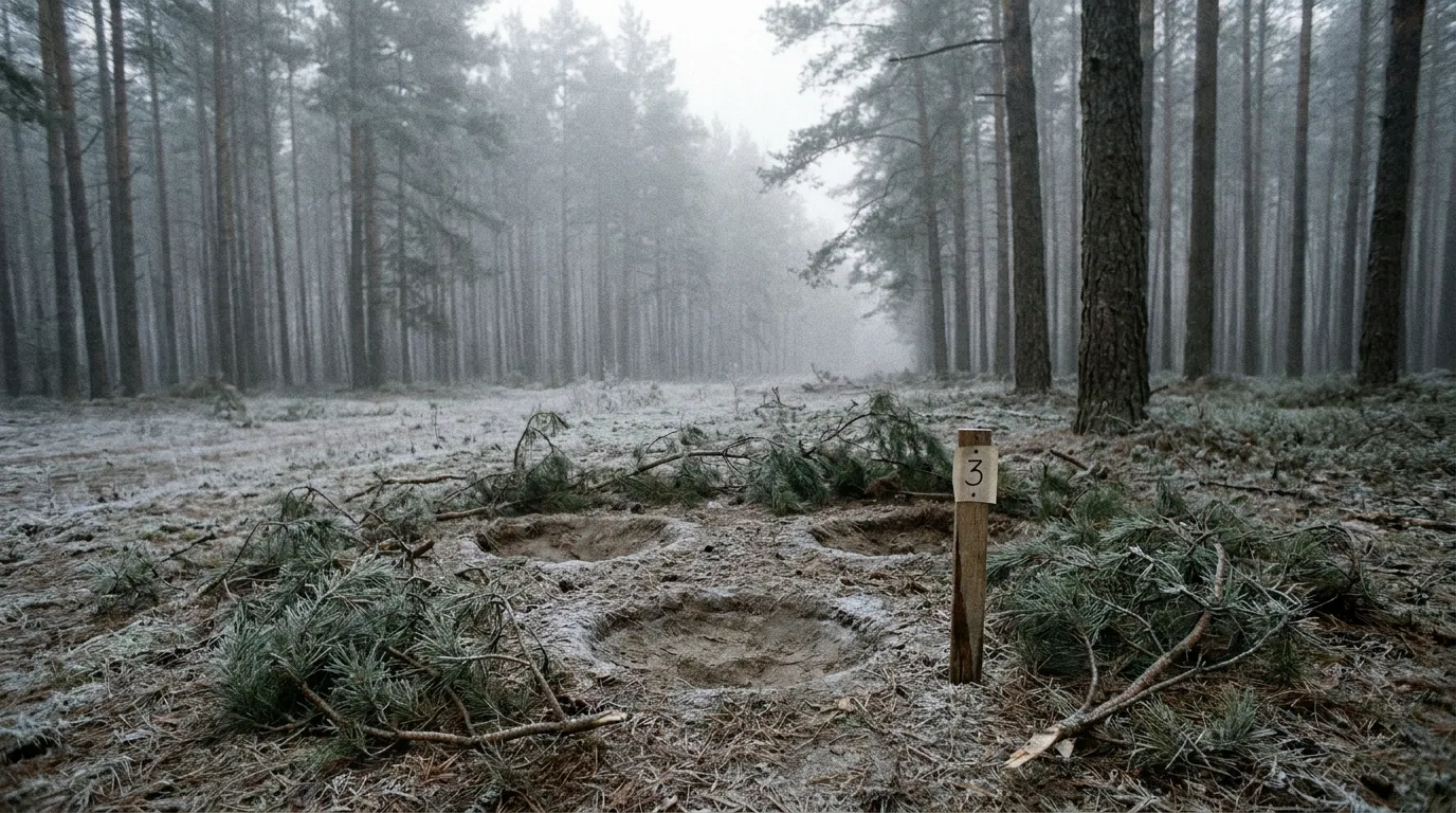 Three shallow circular indentations in the frosty floor of a misty pine forest clearing