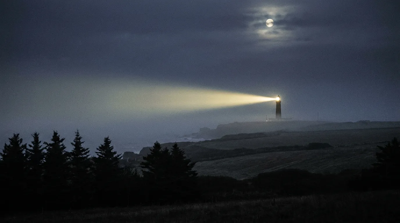 A distant lighthouse beam sweeping across a dark misty forest and fields at night