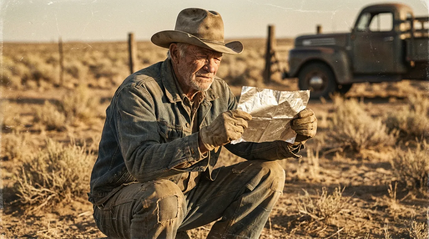 A 1940s rancher crouching in a desert field examining a piece of silvery foil debris