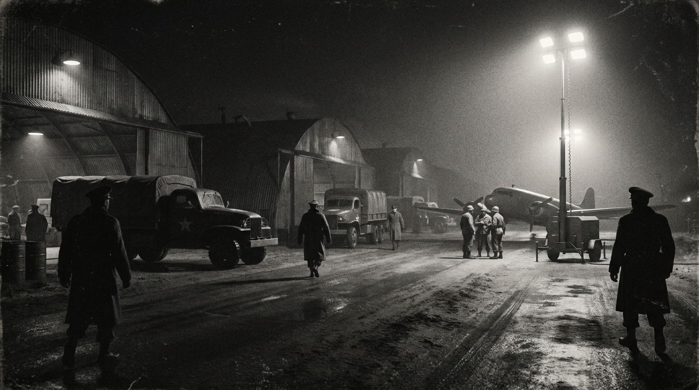 A 1940s US Army airfield at night with hangars, trucks and floodlights
