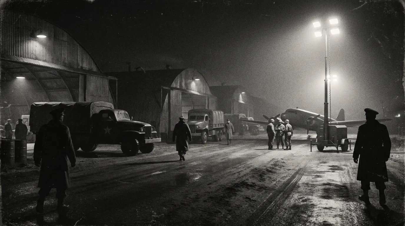 A 1940s US Army airfield at night with hangars, trucks and floodlights