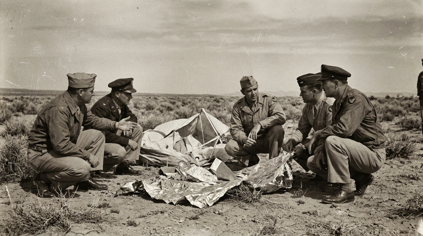 1940s Army Air Force officers inspecting the remains of a downed balloon and a foil radar reflector on desert ground