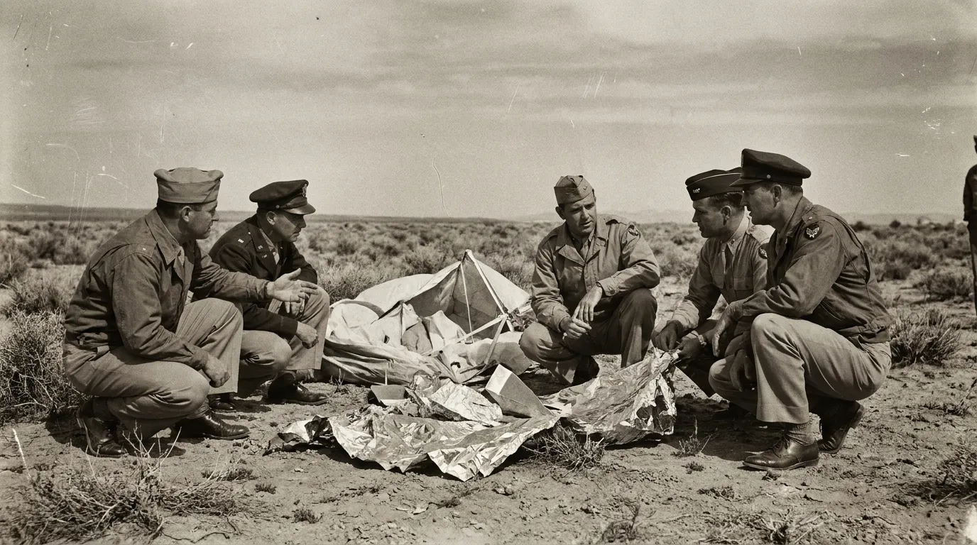 1940s Army Air Force officers inspecting the remains of a downed balloon and a foil radar reflector on desert ground