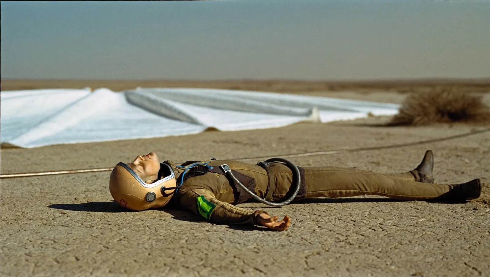 A 1950s anthropomorphic test dummy in a high-altitude pressure suit lying on desert ground beside a collapsed parachute
